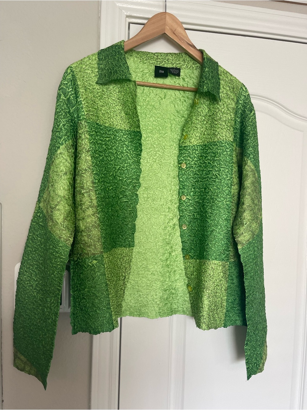 Textured Green Patchwork Button-Down Shirt
